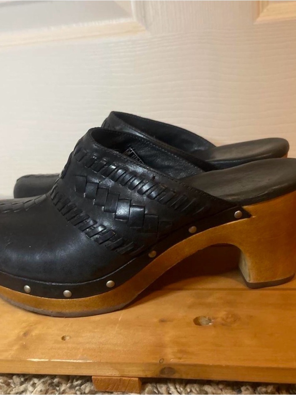 UGG Black Woven Leather Clog Mules with Wood-Tone Heel